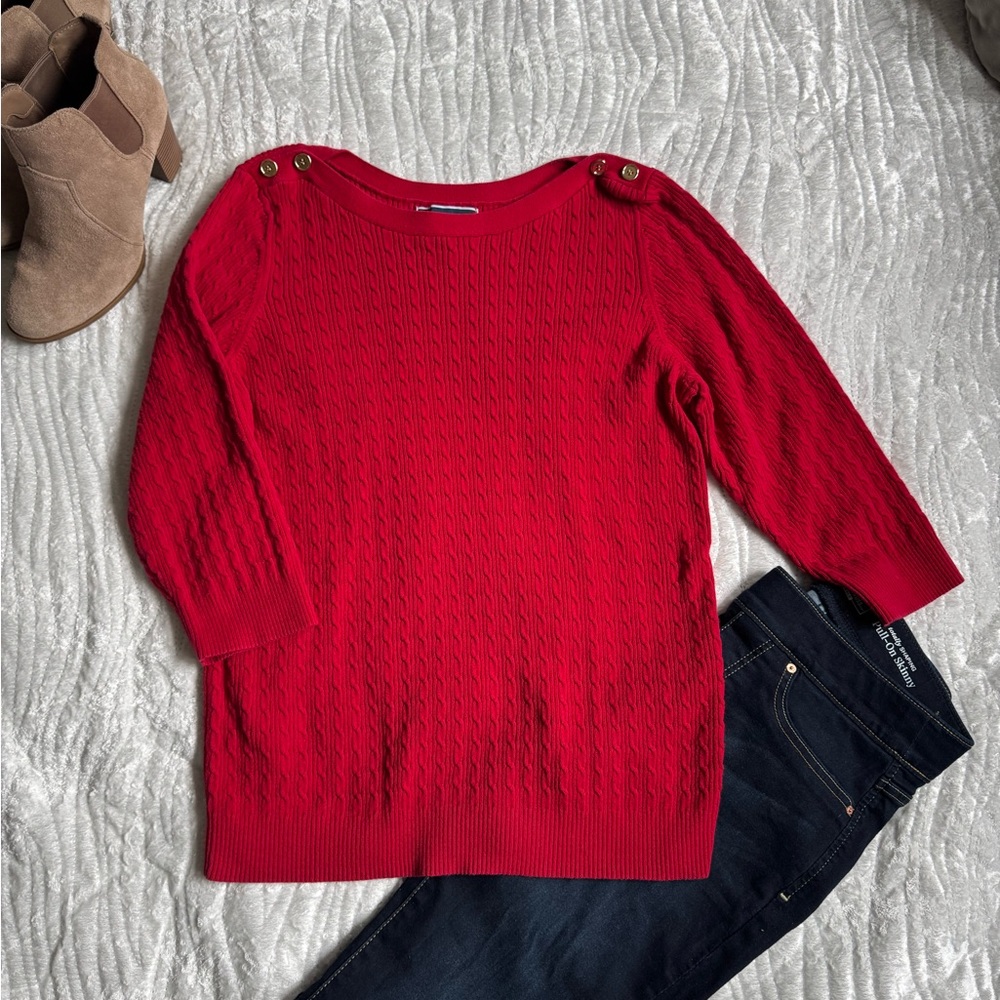 ✨EUC!❤️ Karen Scott Red Cable-Knit Boatneck Sweater with Shoulder Buttons